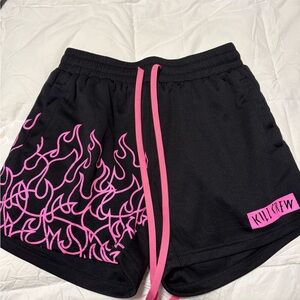 Kill Crew Women's Black Shorts with Pink Flame Design